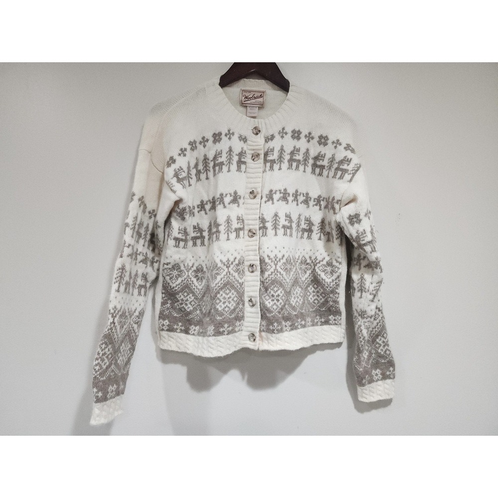Vintage Woolrich Cardigan Sweater Womens S Beige Nordic Tight Knit Button Front